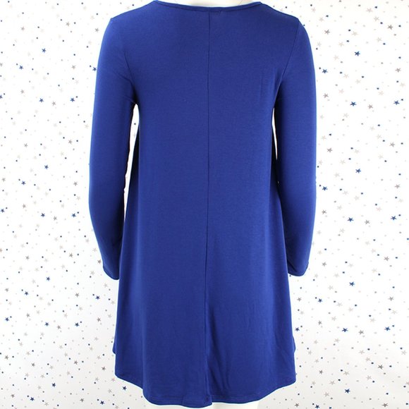 Royal Blue Long Sleeve Swing Dress w/ Side Pockets - Picture 4 of 9